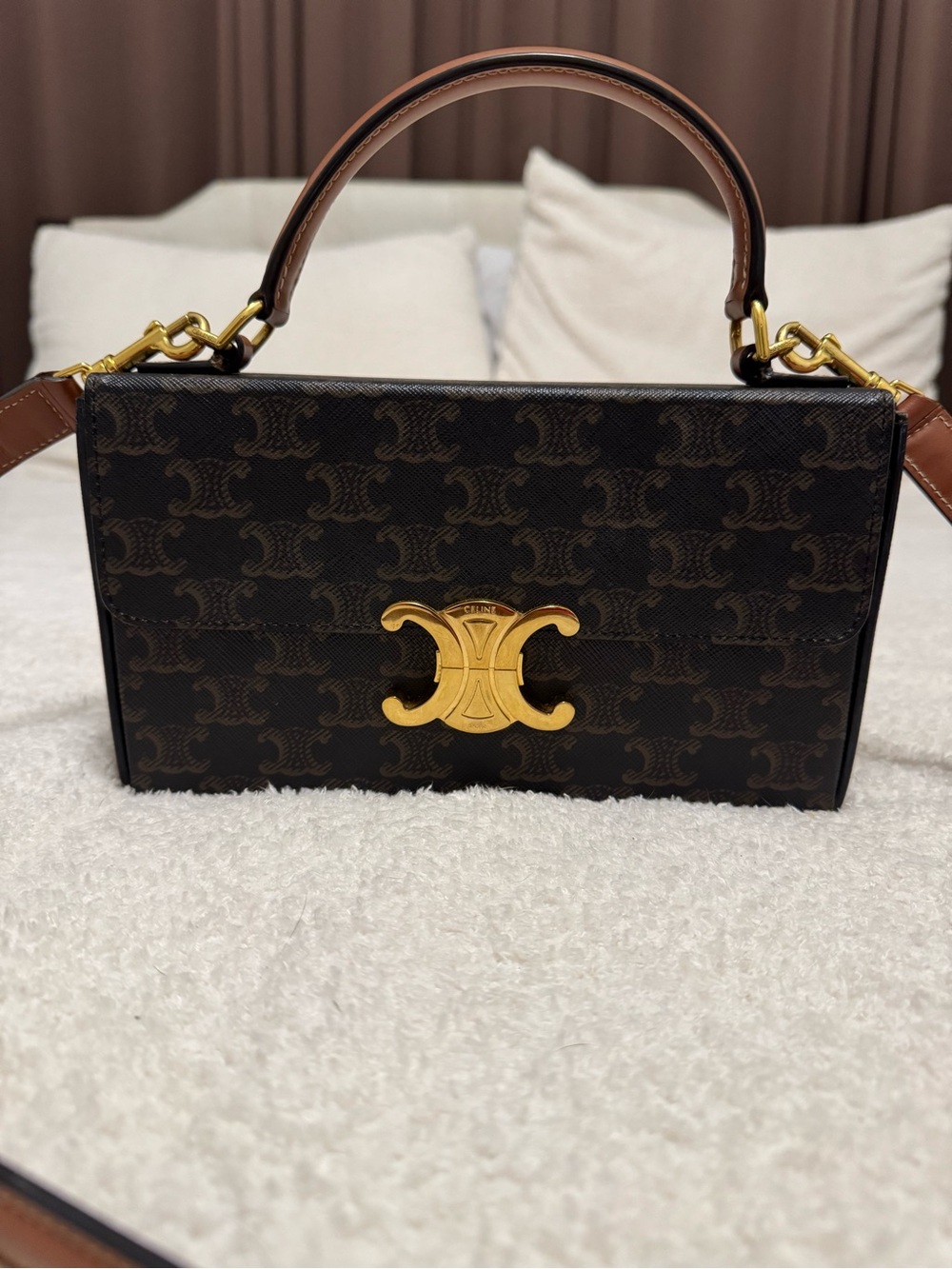 Celine Brown Triomphe Canvas top handle or  Shoulder Bag with Gold Hardware
